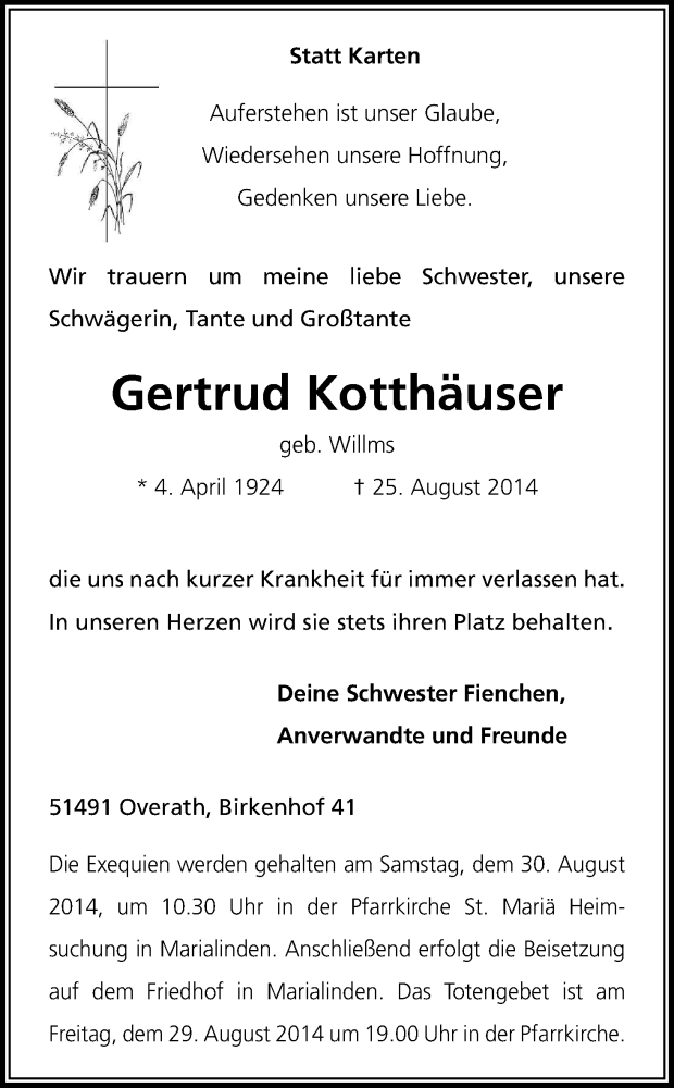  Traueranzeige für Gertrud Kotthäuser vom 27.08.2014 aus Kölner Stadt-Anzeiger / Kölnische Rundschau / Express