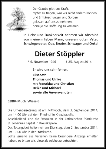 Anzeige von Dieter Stöppler von Kölner Stadt-Anzeiger / Kölnische Rundschau / Express