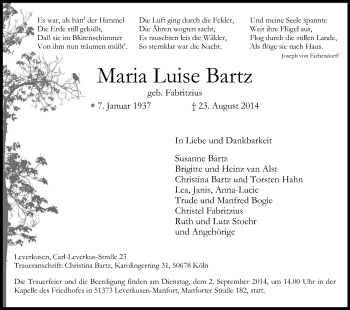 Anzeige von Maria Luise Bartz von Kölner Stadt-Anzeiger / Kölnische Rundschau / Express