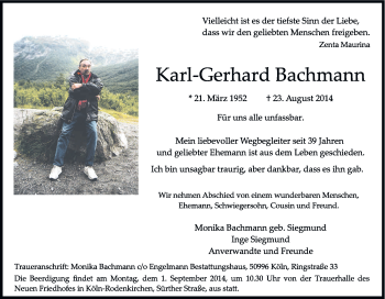 Anzeige von Karl-Gerhard Bachmann von Kölner Stadt-Anzeiger / Kölnische Rundschau / Express