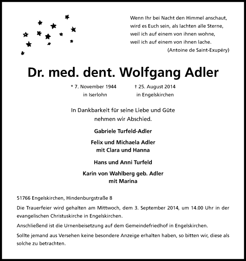  Traueranzeige für Wolfgang Adler vom 30.08.2014 aus Kölner Stadt-Anzeiger / Kölnische Rundschau / Express