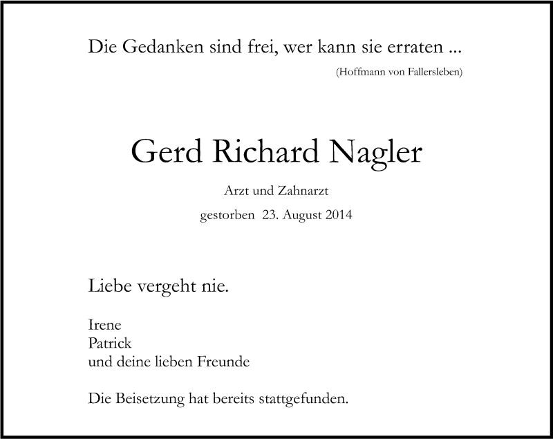 Traueranzeige für Gerd Richard Nagler vom 06.09.2014 aus Kölner Stadt-Anzeiger / Kölnische Rundschau / Express