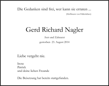 Anzeige von Gerd Richard Nagler von Kölner Stadt-Anzeiger / Kölnische Rundschau / Express