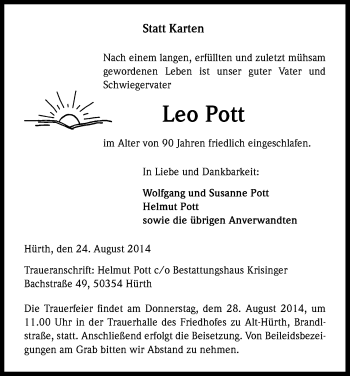 Anzeige von Leo Pott von Kölner Stadt-Anzeiger / Kölnische Rundschau / Express