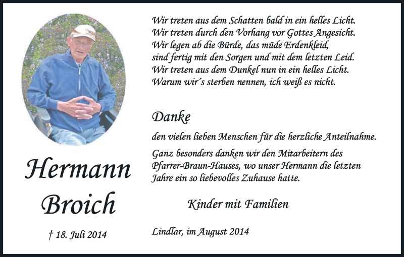  Traueranzeige für Hermann Broich vom 30.08.2014 aus Kölner Stadt-Anzeiger / Kölnische Rundschau / Express