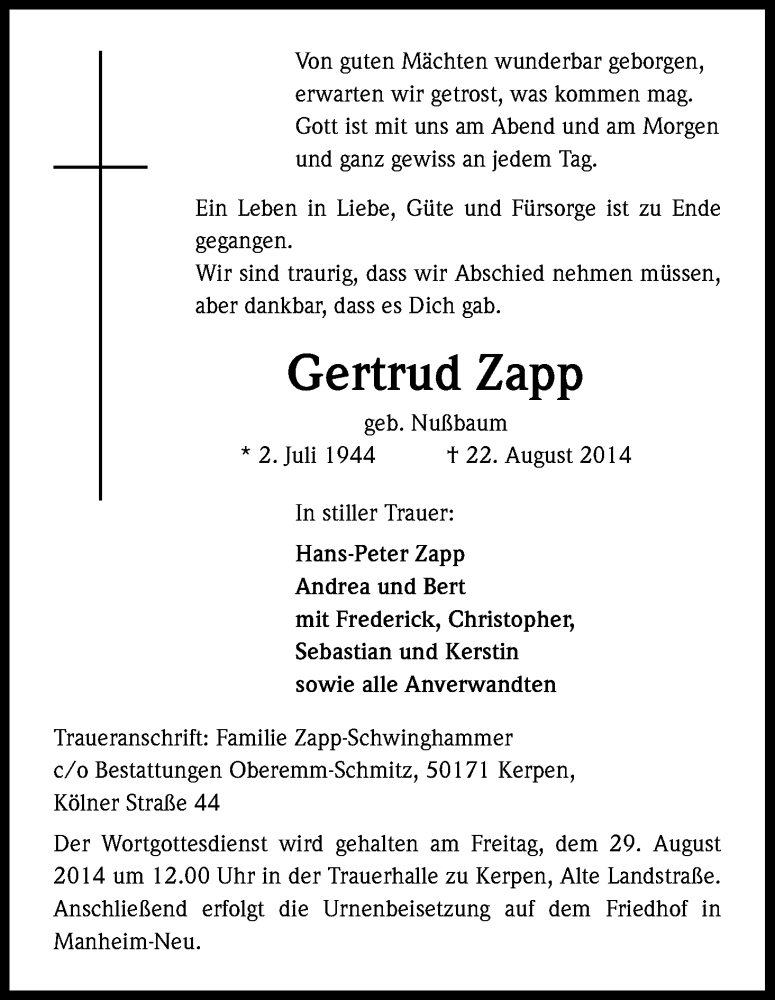  Traueranzeige für Gertrud Zapp vom 27.08.2014 aus Kölner Stadt-Anzeiger / Kölnische Rundschau / Express