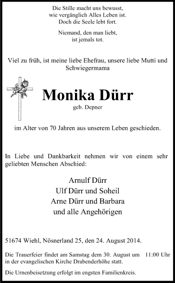 Anzeige von Monika Dürr von Kölner Stadt-Anzeiger / Kölnische Rundschau / Express