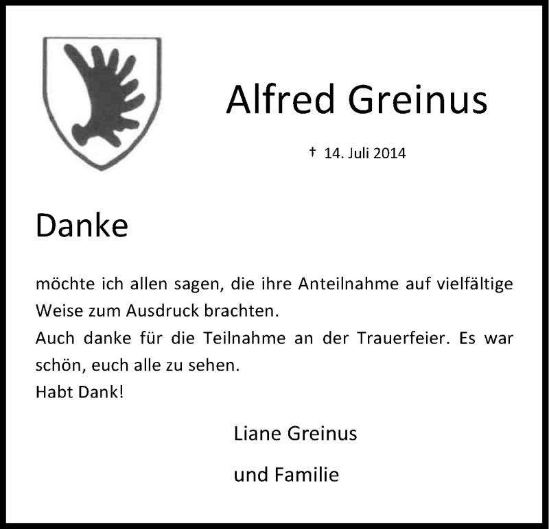  Traueranzeige für Alfred Greinus vom 30.08.2014 aus Kölner Stadt-Anzeiger / Kölnische Rundschau / Express
