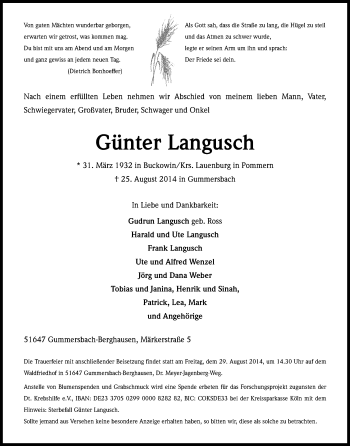 Anzeige von Günter Langusch von Kölner Stadt-Anzeiger / Kölnische Rundschau / Express