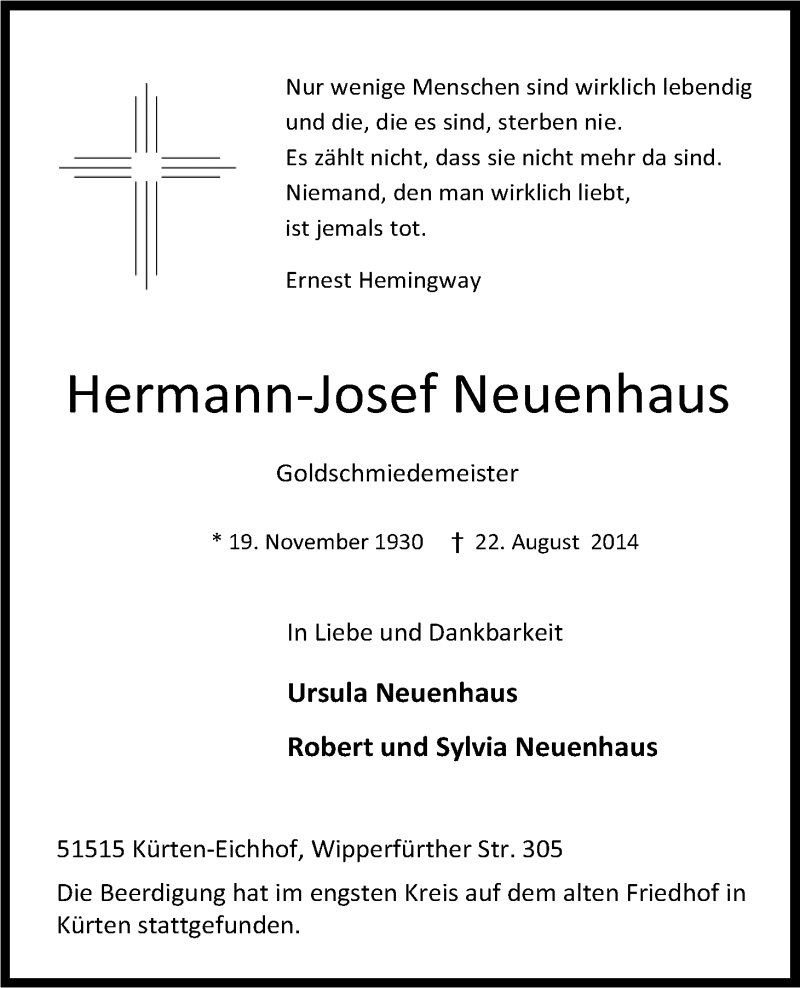  Traueranzeige für Hermann-Josef Neuenhaus vom 30.08.2014 aus Kölner Stadt-Anzeiger / Kölnische Rundschau / Express