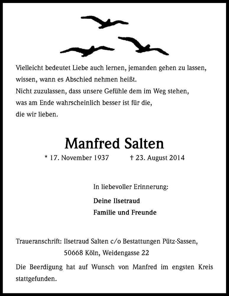  Traueranzeige für Manfred Satten vom 30.08.2014 aus Kölner Stadt-Anzeiger / Kölnische Rundschau / Express