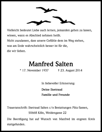 Anzeige von Manfred Satten von Kölner Stadt-Anzeiger / Kölnische Rundschau / Express