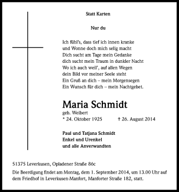 Anzeige von Maria Schmidt von Kölner Stadt-Anzeiger / Kölnische Rundschau / Express