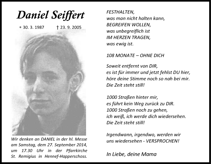  Traueranzeige für Daniel Seiffert vom 23.09.2014 aus Kölner Stadt-Anzeiger / Kölnische Rundschau / Express
