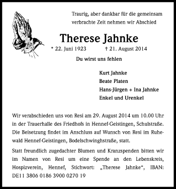 Anzeige von Therese Jahnke von Kölner Stadt-Anzeiger / Kölnische Rundschau / Express