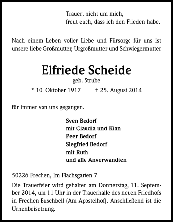 Anzeige von Elfriede Scheide von Kölner Stadt-Anzeiger / Kölnische Rundschau / Express