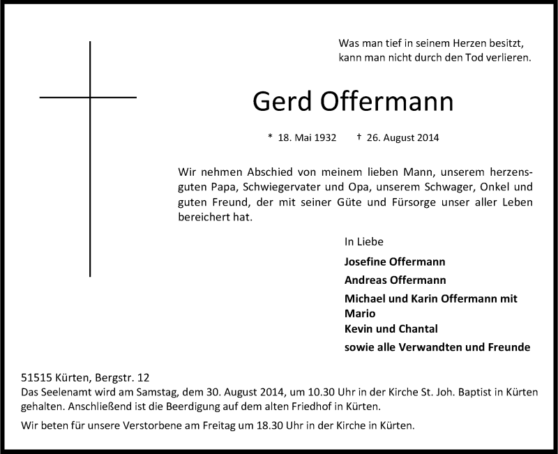  Traueranzeige für Gerd Offermann vom 28.08.2014 aus Kölner Stadt-Anzeiger / Kölnische Rundschau / Express