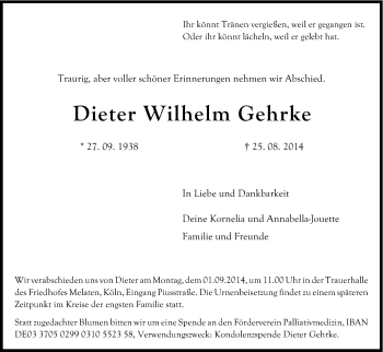 Anzeige von Dieter Wilhelm Gehrke von Kölner Stadt-Anzeiger / Kölnische Rundschau / Express