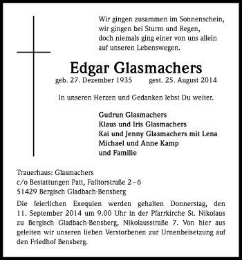 Anzeige von Edgar Glasmachers von Kölner Stadt-Anzeiger / Kölnische Rundschau / Express