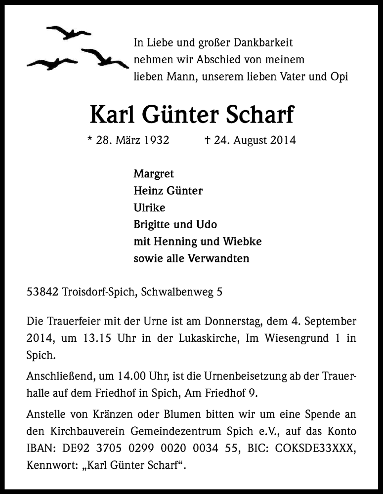 Traueranzeige für Karl Günter Scharf vom 30.08.2014 aus Kölner Stadt-Anzeiger / Kölnische Rundschau / Express