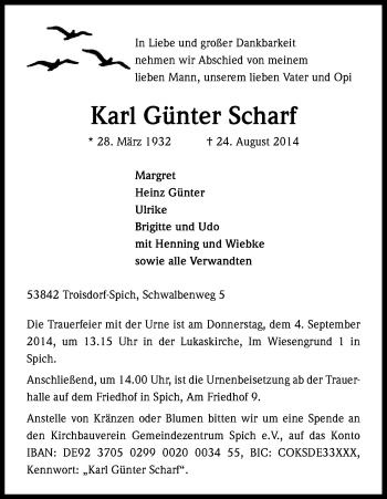 Anzeige von Karl Günter Scharf von Kölner Stadt-Anzeiger / Kölnische Rundschau / Express