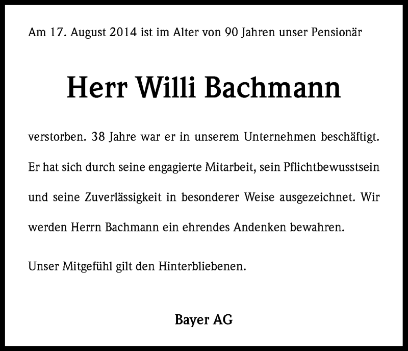 Traueranzeige für Willi Bachmann vom 28.08.2014 aus Kölner Stadt-Anzeiger / Kölnische Rundschau / Express