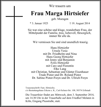 Anzeige von Marga Hirtsiefer von Kölner Stadt-Anzeiger / Kölnische Rundschau / Express