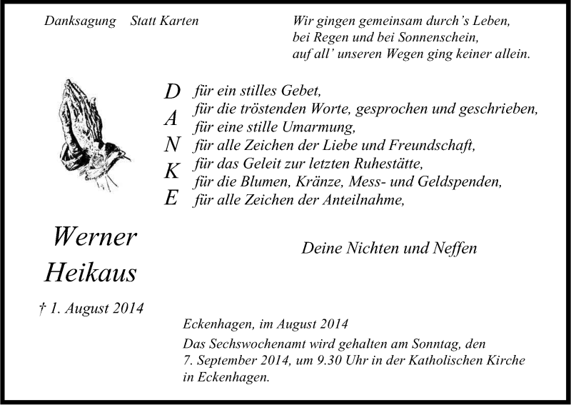  Traueranzeige für Werner Heikaus vom 30.08.2014 aus Kölner Stadt-Anzeiger / Kölnische Rundschau / Express