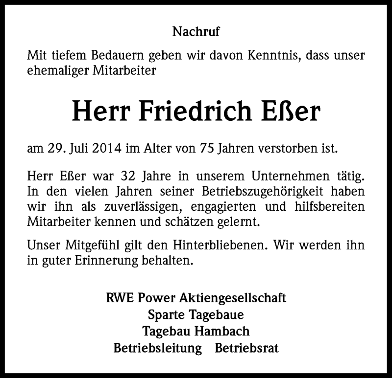  Traueranzeige für Friedrich Eßer vom 28.08.2014 aus Kölner Stadt-Anzeiger / Kölnische Rundschau / Express