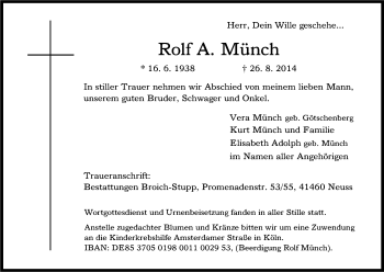 Anzeige von Rolf A. Münch von Kölner Stadt-Anzeiger / Kölnische Rundschau / Express