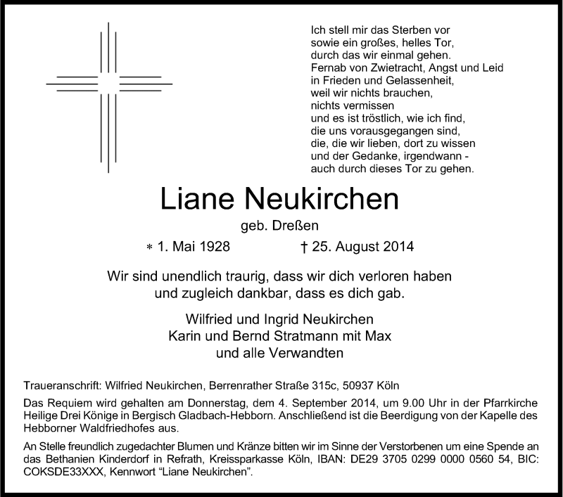  Traueranzeige für Liane Neukirchen vom 30.08.2014 aus Kölner Stadt-Anzeiger / Kölnische Rundschau / Express