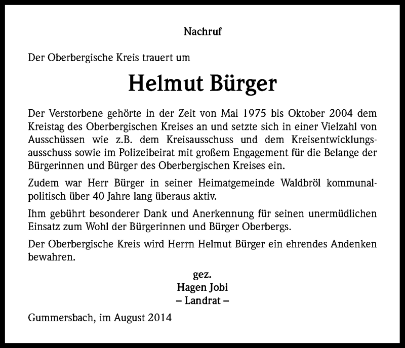  Traueranzeige für Helmut Bürger vom 30.08.2014 aus Kölner Stadt-Anzeiger / Kölnische Rundschau / Express