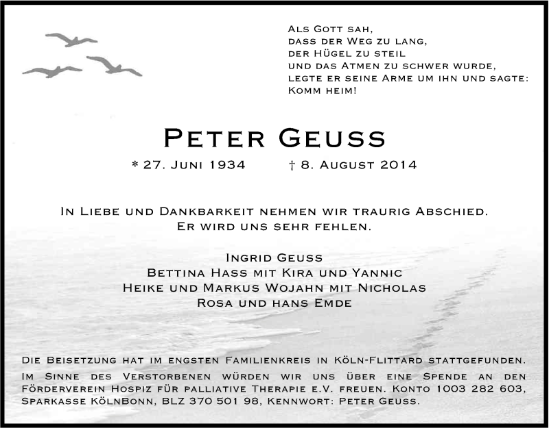  Traueranzeige für Peter Geuss vom 30.08.2014 aus Kölner Stadt-Anzeiger / Kölnische Rundschau / Express