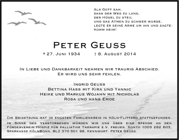 Anzeige von Peter Geuss von Kölner Stadt-Anzeiger / Kölnische Rundschau / Express