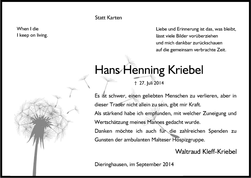  Traueranzeige für Hans Henning Kriebel vom 03.09.2014 aus Kölner Stadt-Anzeiger / Kölnische Rundschau / Express