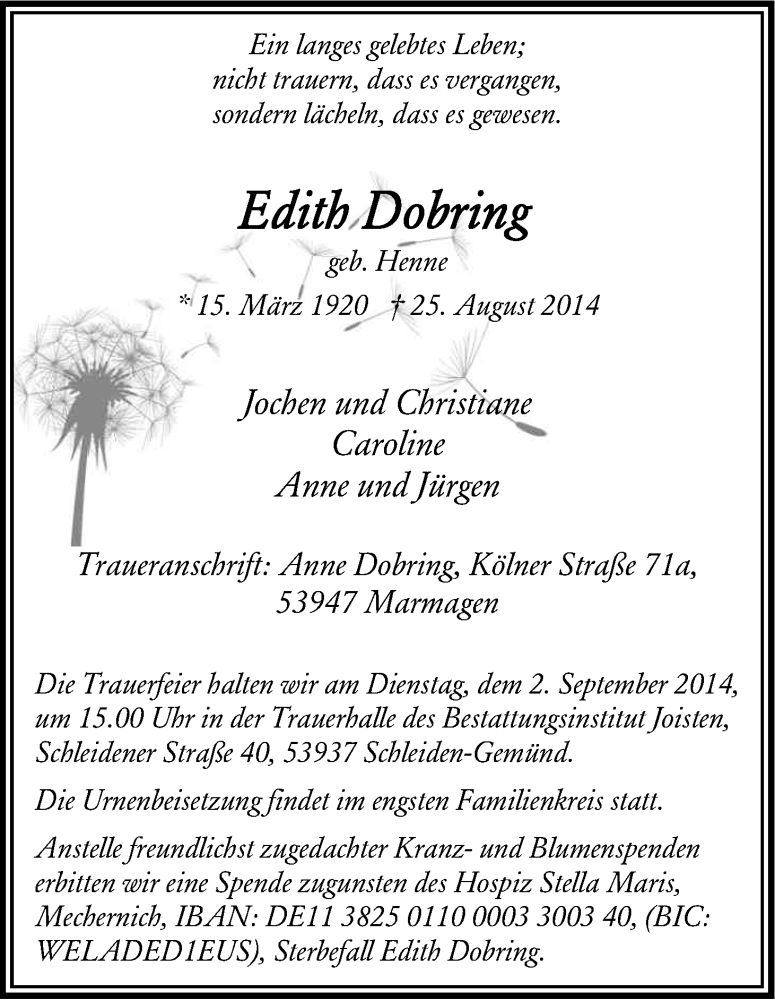  Traueranzeige für Edith Dobring vom 30.08.2014 aus Kölner Stadt-Anzeiger / Kölnische Rundschau / Express