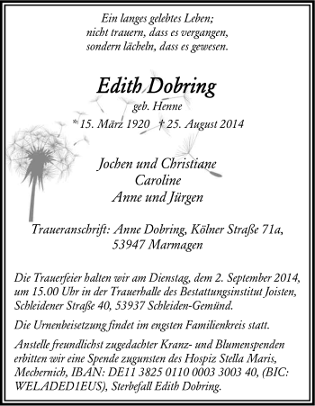 Anzeige von Edith Dobring von Kölner Stadt-Anzeiger / Kölnische Rundschau / Express