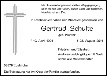 Anzeige von Gertrud Schulte von Kölner Stadt-Anzeiger / Kölnische Rundschau / Express