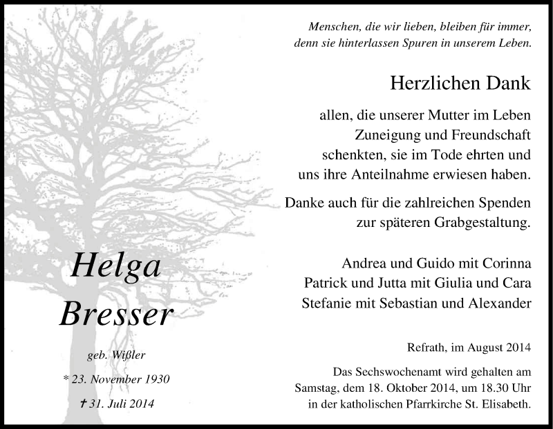  Traueranzeige für Helga Bresser vom 30.08.2014 aus Kölner Stadt-Anzeiger / Kölnische Rundschau / Express