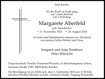 Anzeige von Margarete Aberfeld von Kölner Stadt-Anzeiger / Kölnische Rundschau / Express