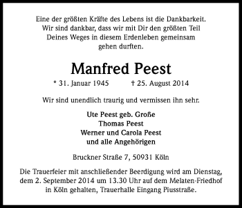 Anzeige von Manfred Peest von Kölner Stadt-Anzeiger / Kölnische Rundschau / Express