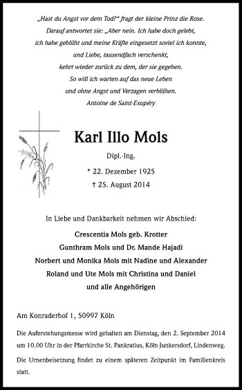 Anzeige von Karl Illo Mols von Kölner Stadt-Anzeiger / Kölnische Rundschau / Express