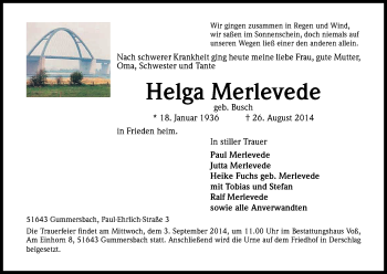Anzeige von Helga Merlevede von Kölner Stadt-Anzeiger / Kölnische Rundschau / Express