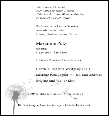 Anzeige von Marianne Pütz von Kölner Stadt-Anzeiger / Kölnische Rundschau / Express