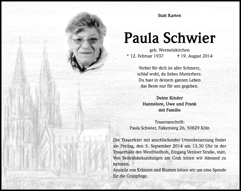  Traueranzeige für Paula Schwier vom 30.08.2014 aus Kölner Stadt-Anzeiger / Kölnische Rundschau / Express