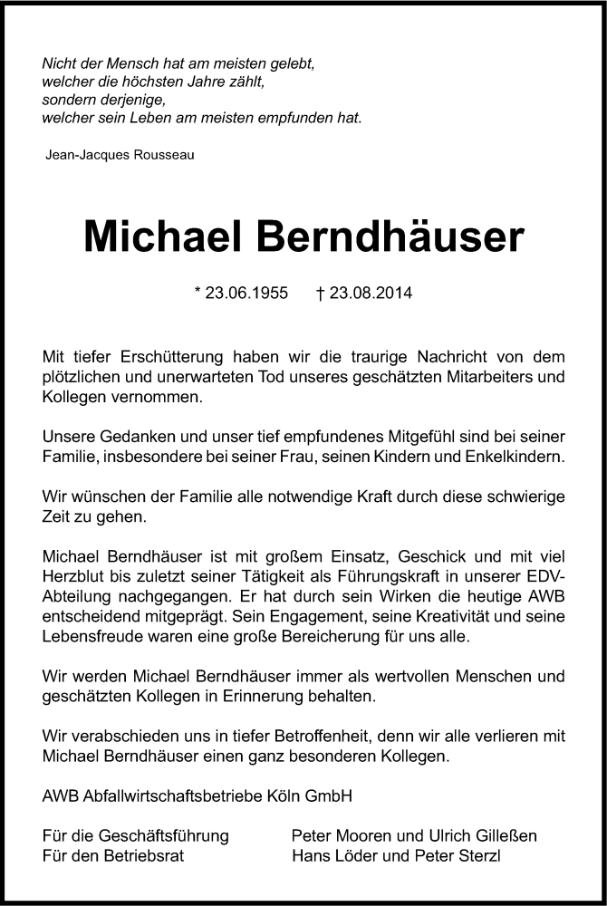  Traueranzeige für Michael Berndhäuser vom 30.08.2014 aus Kölner Stadt-Anzeiger / Kölnische Rundschau / Express