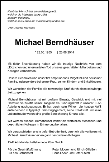 Anzeige von Michael Berndhäuser von Kölner Stadt-Anzeiger / Kölnische Rundschau / Express