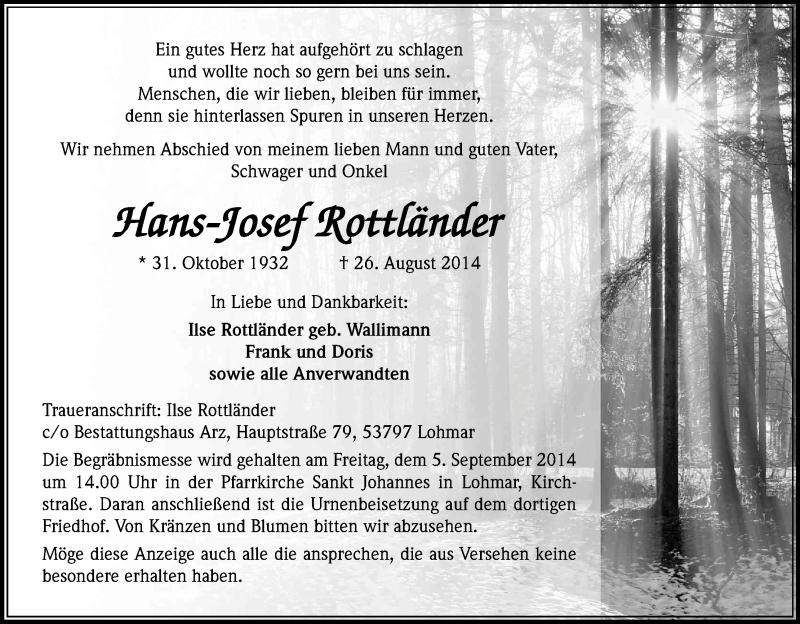  Traueranzeige für Hans-Josef Rottländer vom 30.08.2014 aus Kölner Stadt-Anzeiger / Kölnische Rundschau / Express