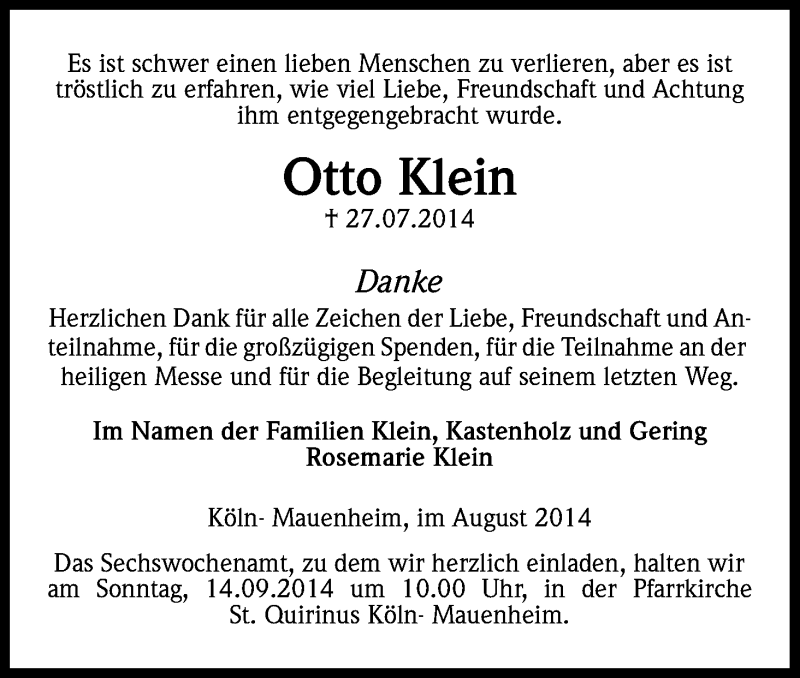  Traueranzeige für Otto Klein vom 04.09.2014 aus Kölner Stadt-Anzeiger / Kölnische Rundschau / Express
