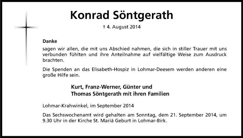  Traueranzeige für Konrad Söntgerath vom 06.09.2014 aus Kölner Stadt-Anzeiger / Kölnische Rundschau / Express